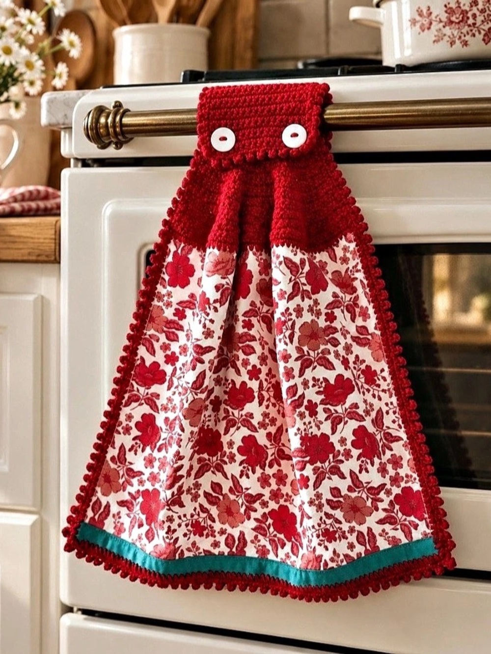 Artisan Handmade Crochet Hanging Kitchen Towel Red Floral Ruffled Extra Long